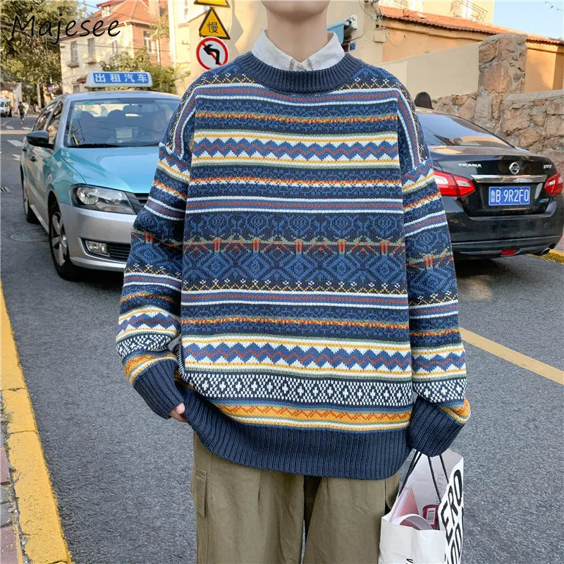 

Пуловер мужской осенне-зимний с круглым вырезом, свободный свитер в Корейском стиле, модная базовая теплая Простая Повседневная вязаная од...