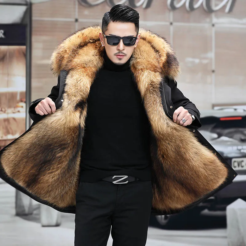 

Winter Parka Mink Liner Men's Whole Mink Mid-Length Detachable Fur Coat Fox Fur Long below the Knee Overcoat