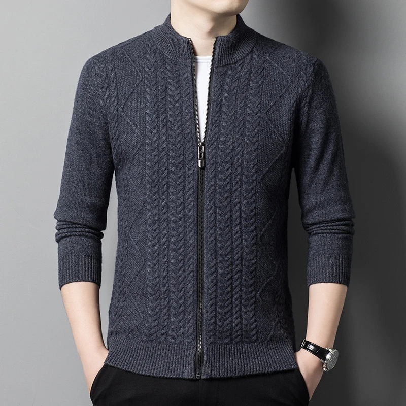 

Wool Coat Men's 100% Pure Wool Autumn and Winter Loose Half-Height Zip Brocade Sweater Thickening Cardigan Coat