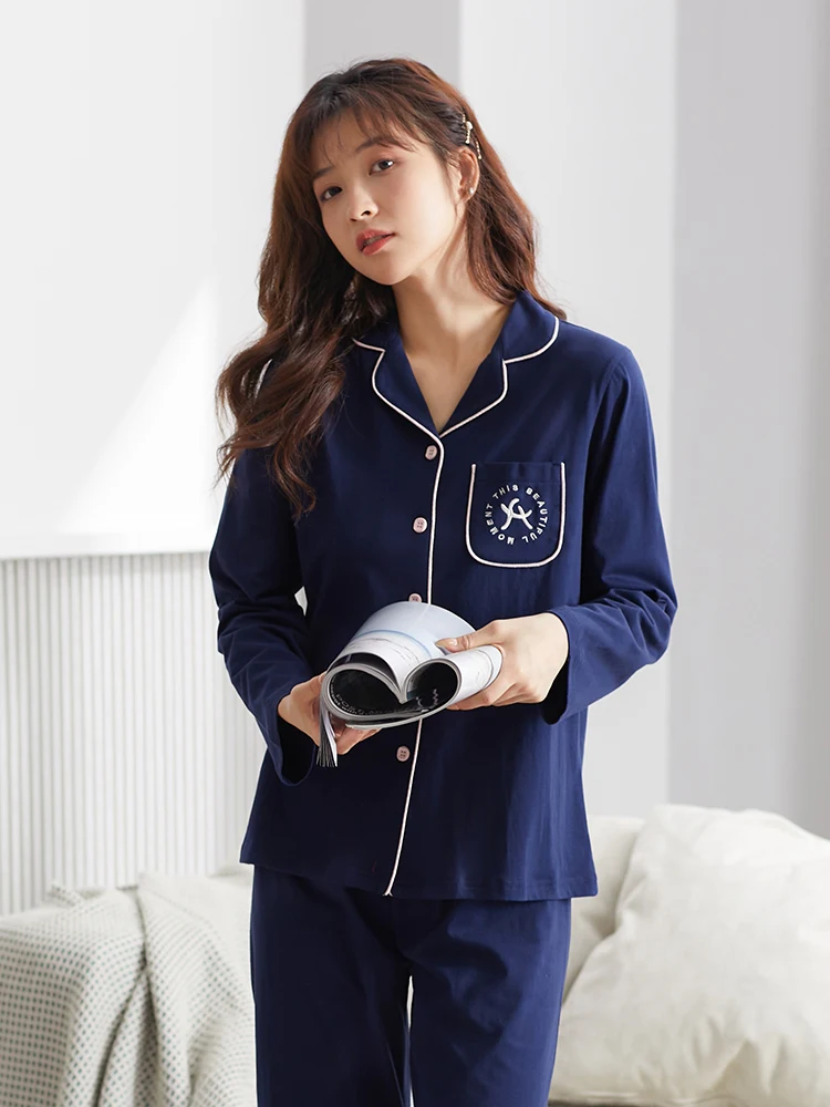 Finteng весенне-осенние пижамы женские из чистого хлопка кардиган с длинными