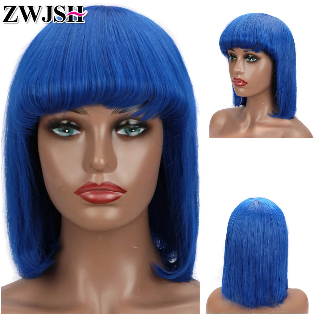 

Remy Human Hair Bob Wig With Bangs for Women Cosplay Short Straight Black Pink Blue Grey Orange Gold 613 Blonde ZWJSH