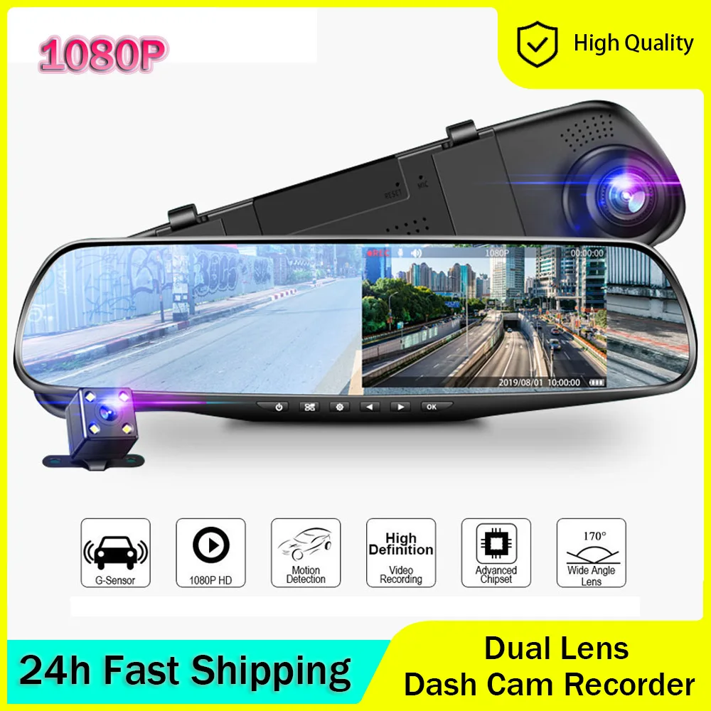 

4.3" HD 1080P Car Rearview Mirror Dash Cam Camera Dual Lens IPS Night Vision Driving Video Recorder DVR Dash Cam Loop Recording