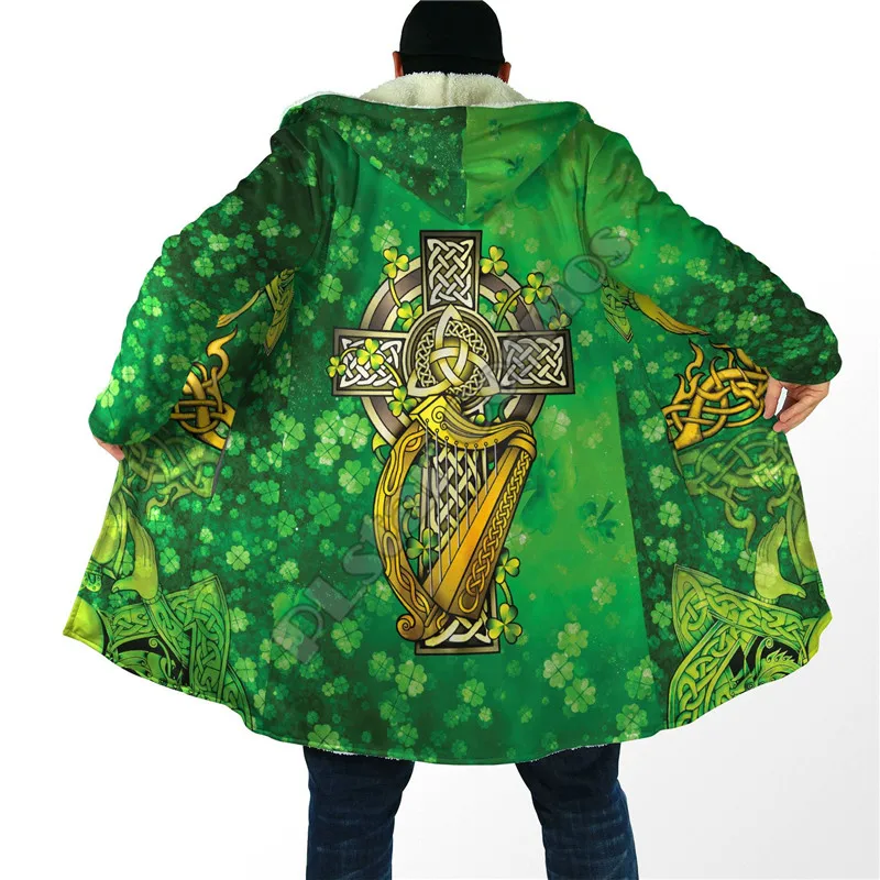 Irish St.Patrick 3D Printed Fashion Winter Men/Women Hooded Cloaks Fleece Wind Breaker Unisex Casual Warm Overcoat 01