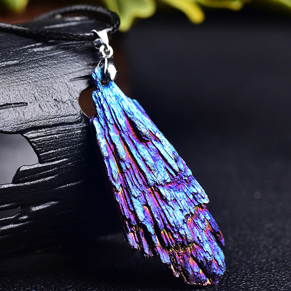 

Natural Black Tourmaline Electroplated Blue Peacock Feather Pendant Titanium Coated Reiki Healing Crystals