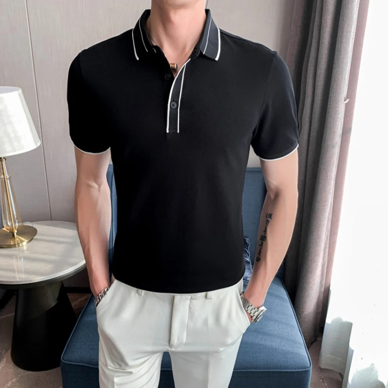 

Мужская приталенная рубашка-поло, повседневная полосатая деловая рубашка-поло с короткими рукавами, в британском стиле, одежда для мужчин, ...