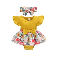 baby girls clothing summer cotton outfit infant sweet fly sleeve floral print skirt splicing round collar bow jumpsuit headwear