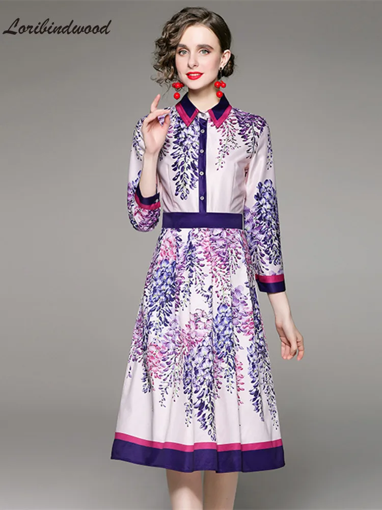 

Модное подиумное платье-рубашка с цветочным принтом для женщин, отложной воротник, рукав на запястье, цветочный принт, винтажное элегантное...