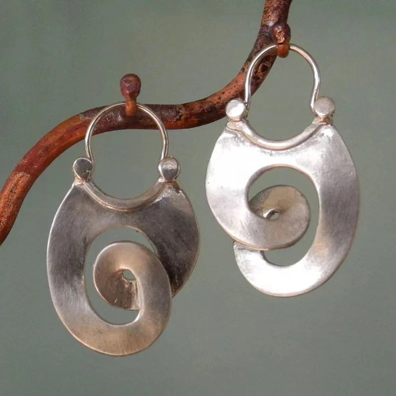 

Gypsy Curl Metal Hoop Earrings for Women Tribal Silver Color Hollow Spiral Winding Hanging Dangle Earrings