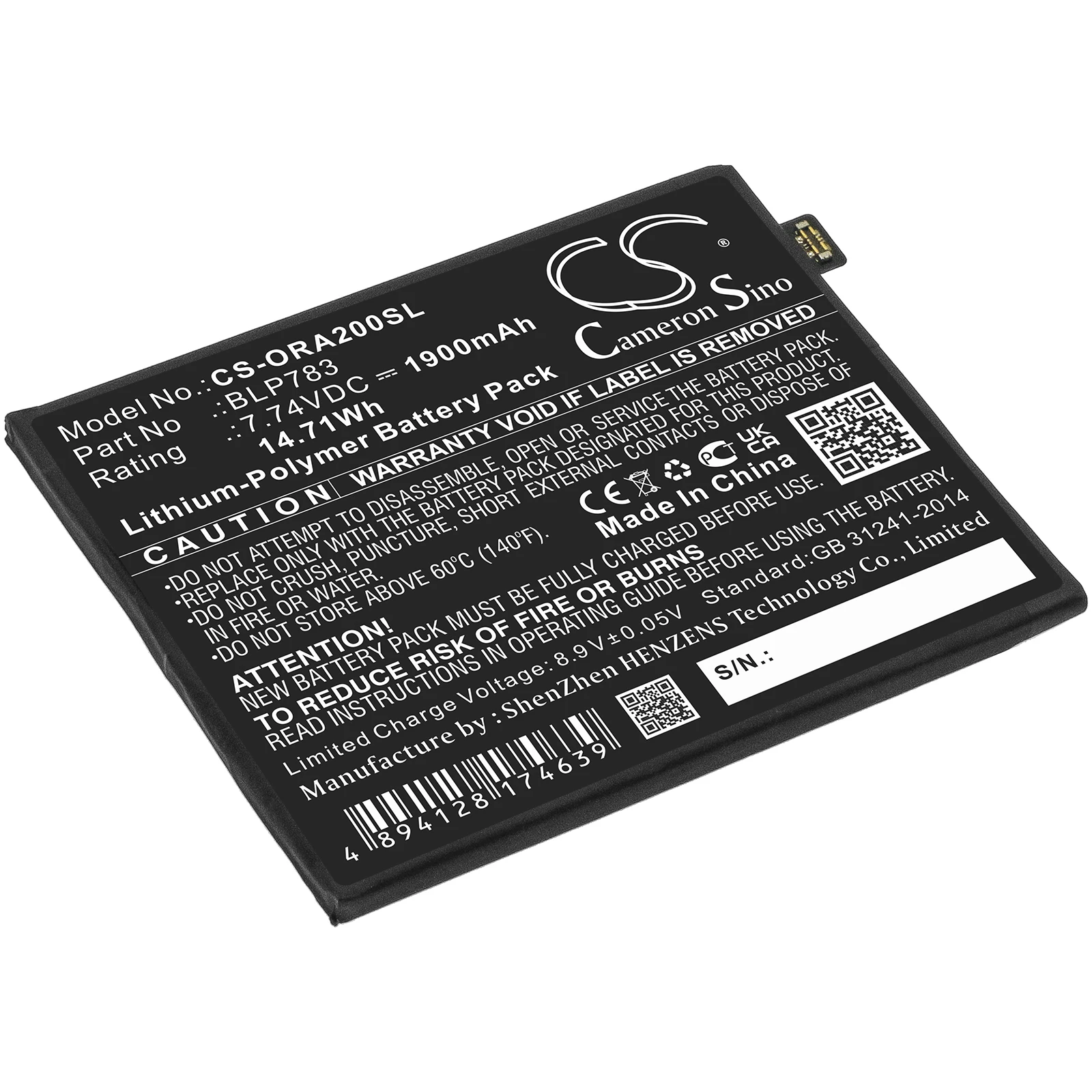 

CS Mobile SmartPhone Battery for OPPO Reno Ace2 Ace2 2020 PDHM00 Fits BLP783 1900mAh/14.71Wh Li-Polymer 7.74V
