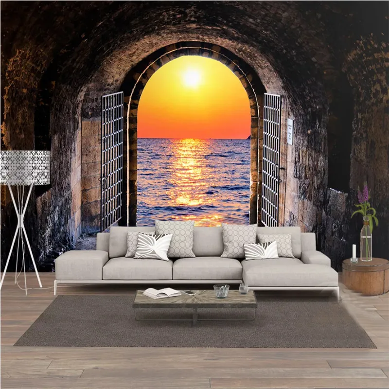Retro Brick Wall 3D Space Tunnel Sunset Seascape Photo Mural Wallpapers for Bar Cafe Restaurant Industrial Decor Paper - купить по