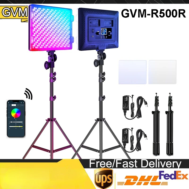 

GVM R500R 2-Packs RGB LED Video Lights Photography Lighting Kit 50W Bi-Color 3200K-5600K Panels Light 672 Led Beads APP Control