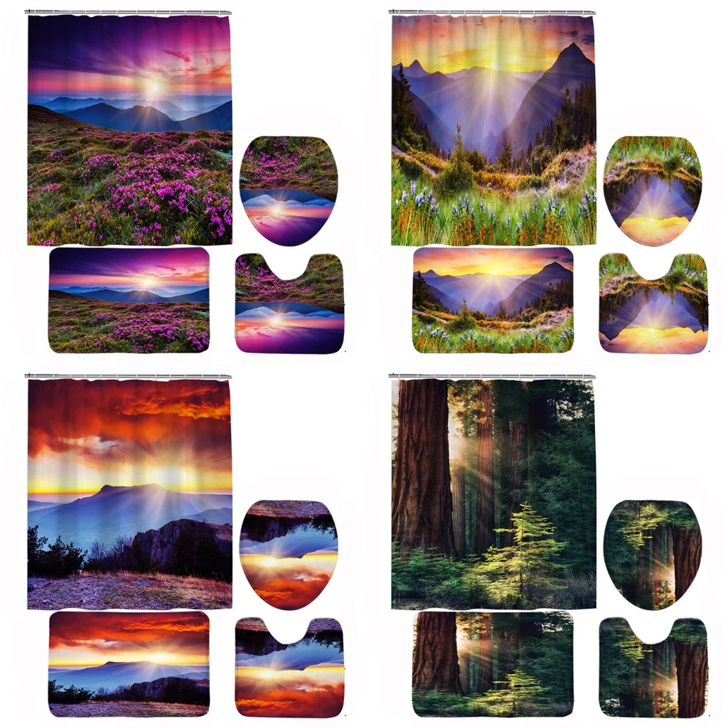 

Natural Scenery Mountain Forest Bathroom Curtains Set Sunset Flower Landscape Shower Curtain Toilet Decor Non-slip Bath Mat Rugs