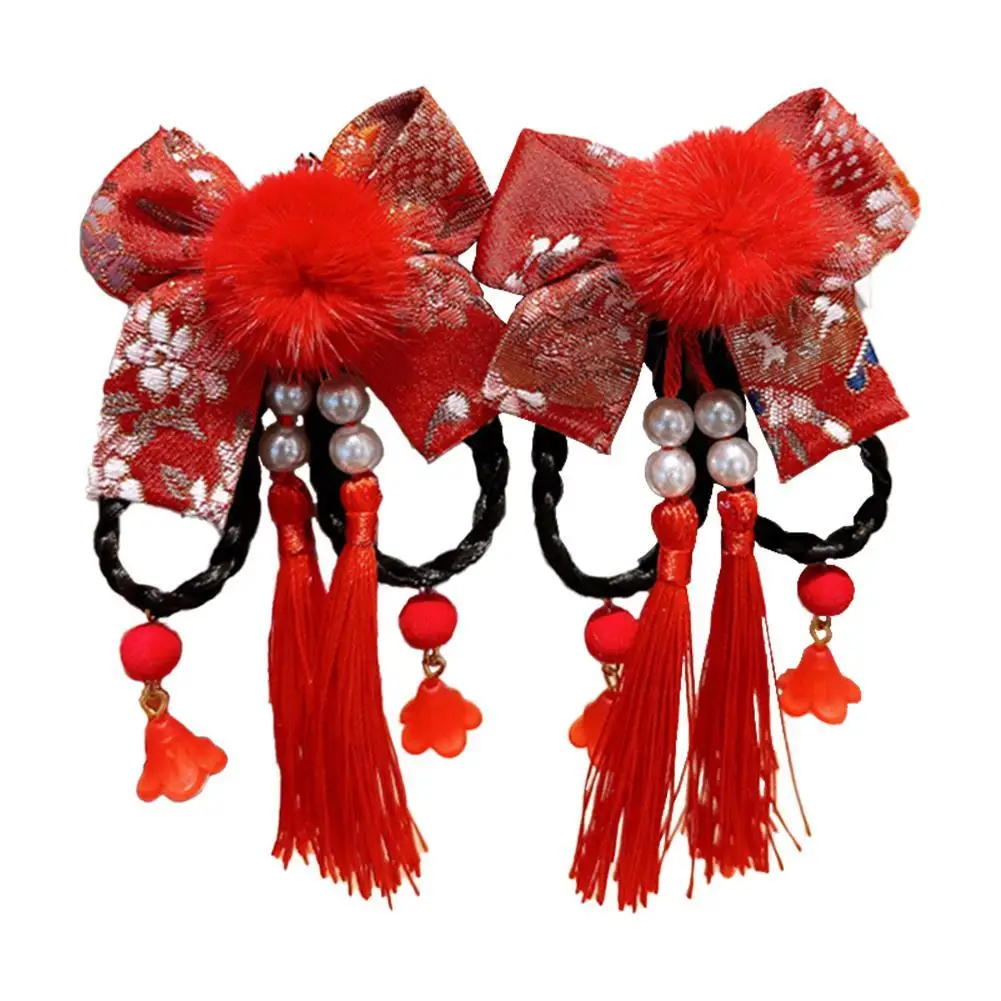 

Chinese Style Children's New Year Hair Clips Cute Wig Braids Red Bow Hair Ball Tassel Hairpin Hanfu Headgear Hair Accessories