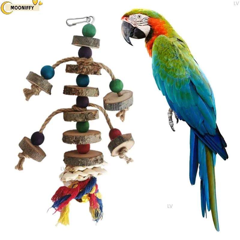 

Safe Parrot Chew Toy Interactive Colorful Wooden Beads Ropes Natural Blocks Tearing Toys for Small Medium Birds Mini Macaw