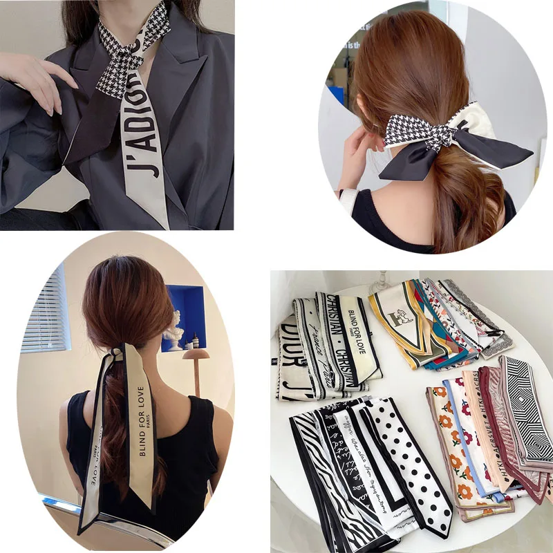 

12pcs/ Women Silk Scarf Headband Lady Tied Hair Summer Ribbon Retro French Bow Korean Horsetail Bundle Japanese Girl Headdress