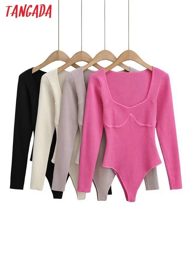 

Tangada Women Sexy Square Collar Knit Bodysuit Slim Long Sleeve Female Overalls Sweater Bodysuits LK70