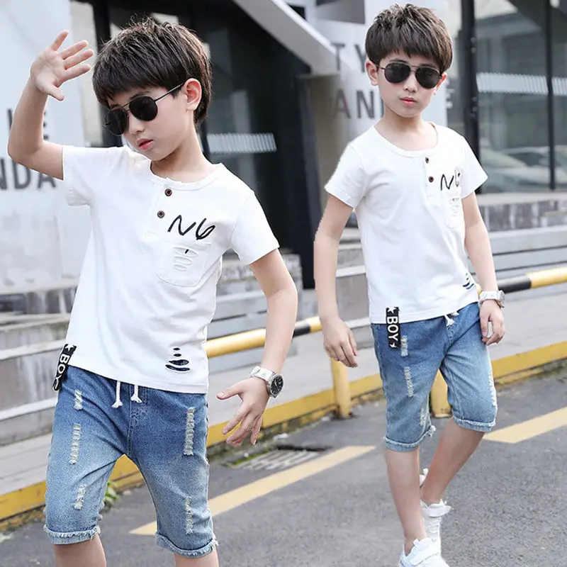 

Summer Sport Suits Teenage Boys Clothing Sets Short Sleeve T Shirt Hole Jeans Casual 3 5 7 9 10 12 13 Years Child Boy Clothes