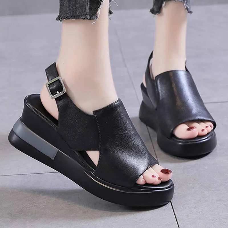 

Summer Wedge Shoes for Women Sandals PU Leather Hollow-Out Comfort Lady Platform Roma Shoes Buckle Strap Casual Sandalias Mujer