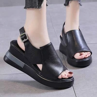 summer wedge shoes for women sandals pu leather hollow out comfort lady platform roma shoes buckle strap casual sandalias mujer
