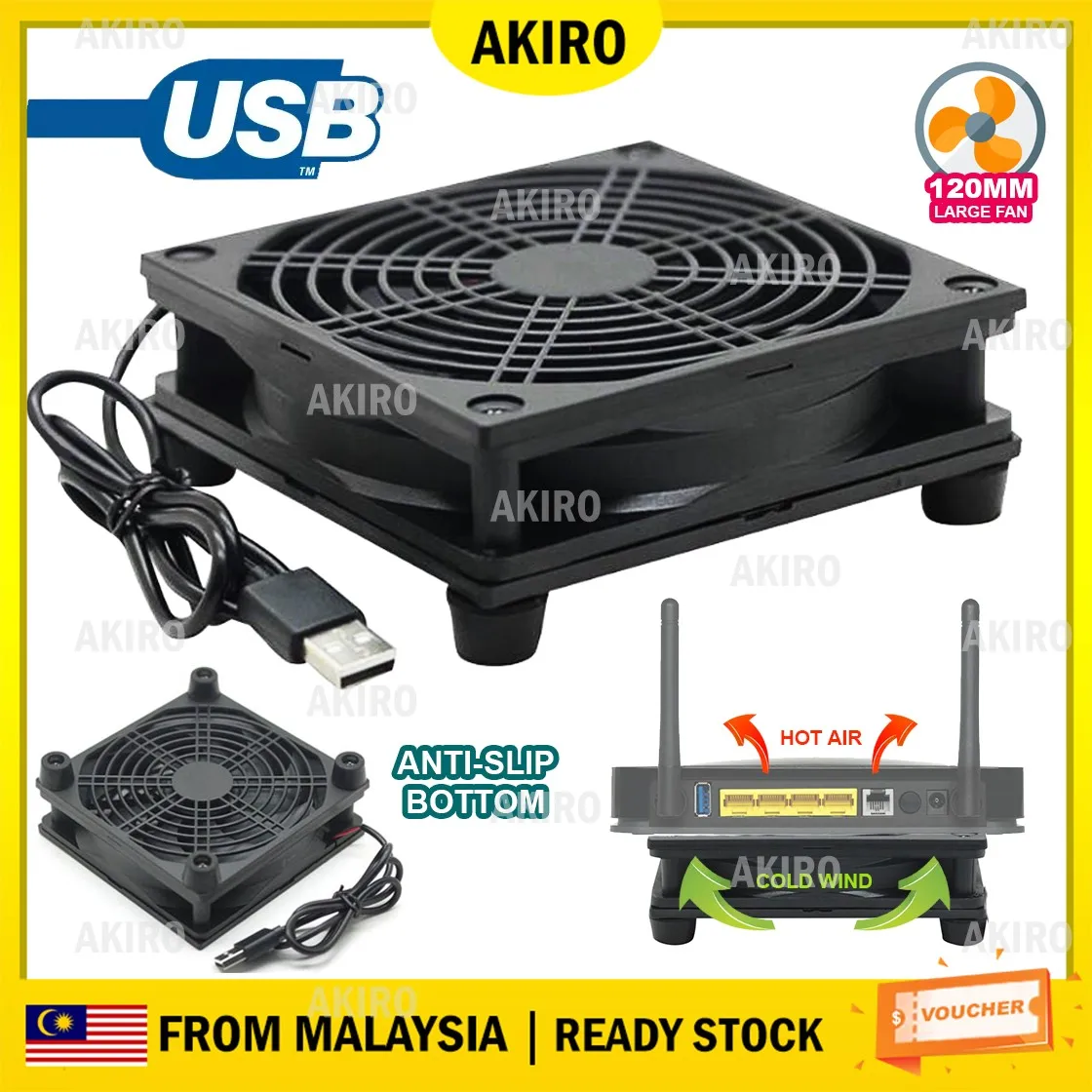 

AKIRO Silent 120mm Cooling Fan External Cooler Stand Router Modem TV Box wt 5V USB - Single Fan 1200RPM
