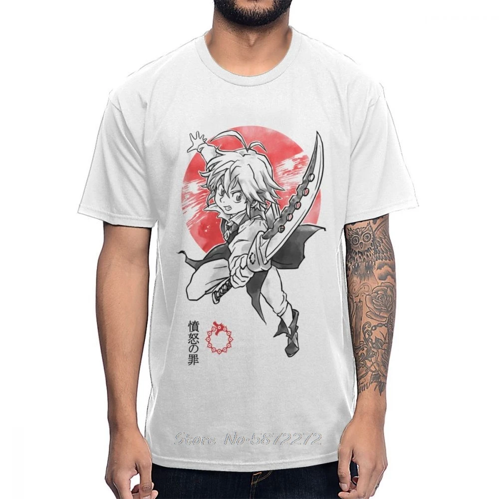 

Футболка мужская с круглым вырезом, Классическая тенниска из чистого хлопка с капитаном семи смертных грехов, мелиодасом, драконом, гневом, ...