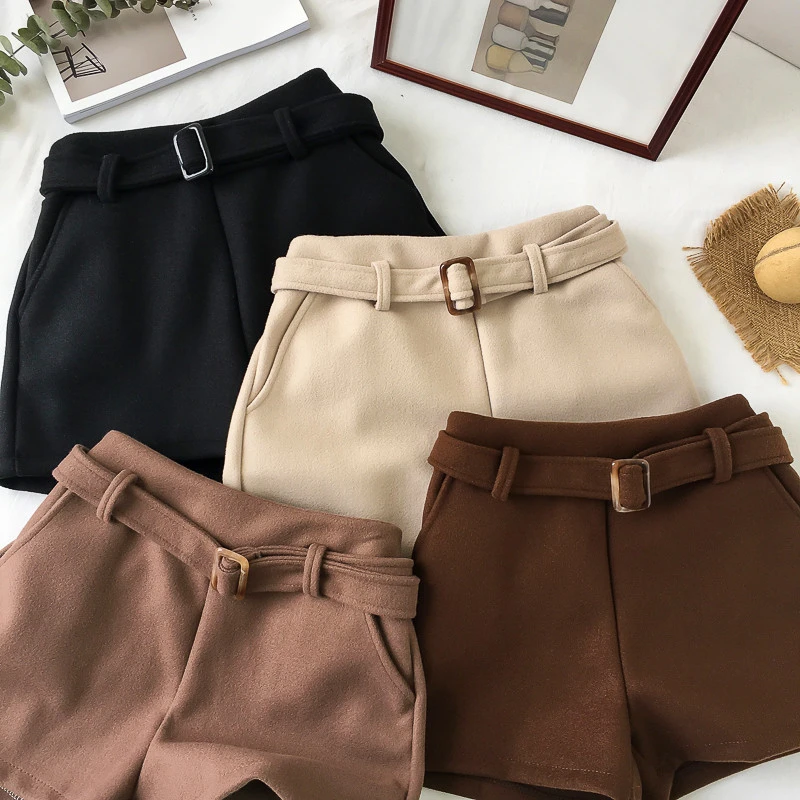 

Plus Size Korean Shorts Women Autumn Winter High Waist Shorts with Belt Casual Loose Woolen Thick Warm Boots Shorts Short Pants