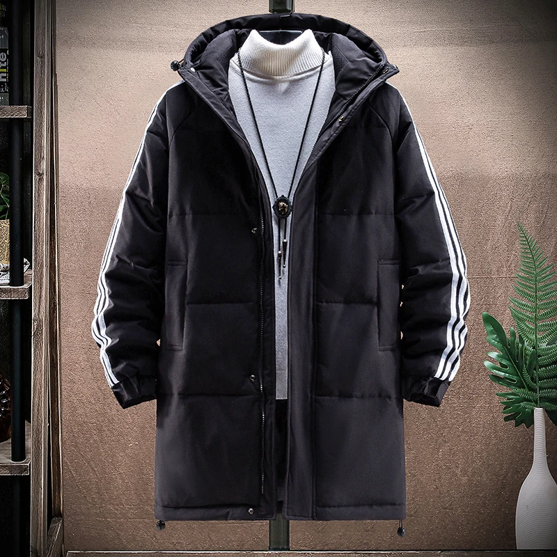

Winter tooling down jacket men's mid-length thickened jacket casual hooded striped loose
