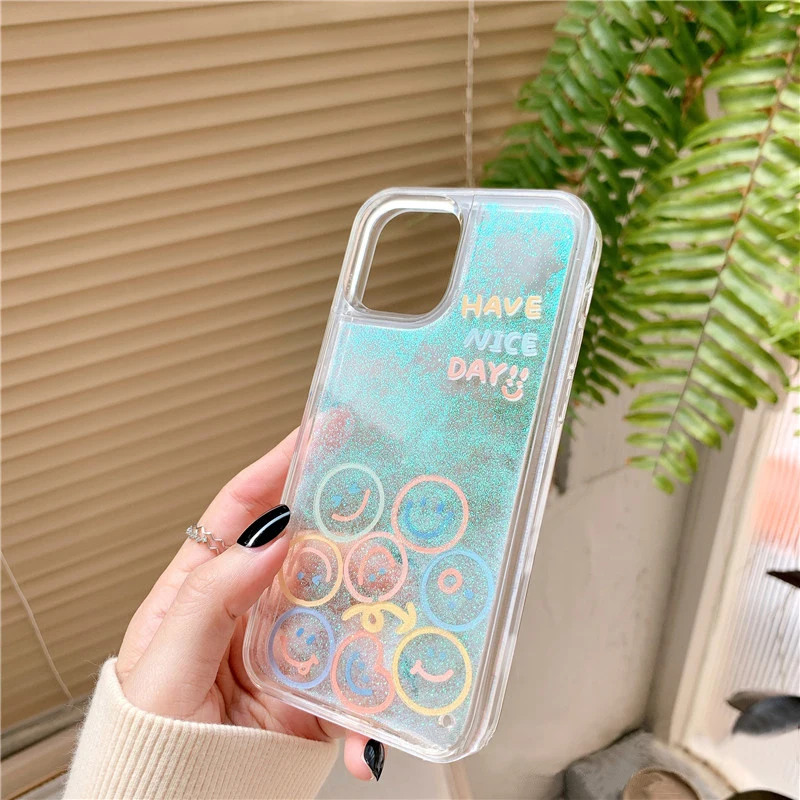 Cute Smiley Shell Glitter Hard Phone Cases For iPhone 14 13 12 11Pro Max Xs 7 8 Plus Xr X Dynamic Liquid Quicksand Cover Case