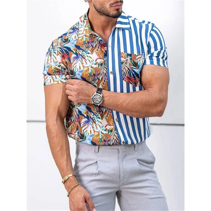 summer beach stripe print short sleeve shirt men fashion hip hop streetwear designer blouses men tops hawaiian shirts man