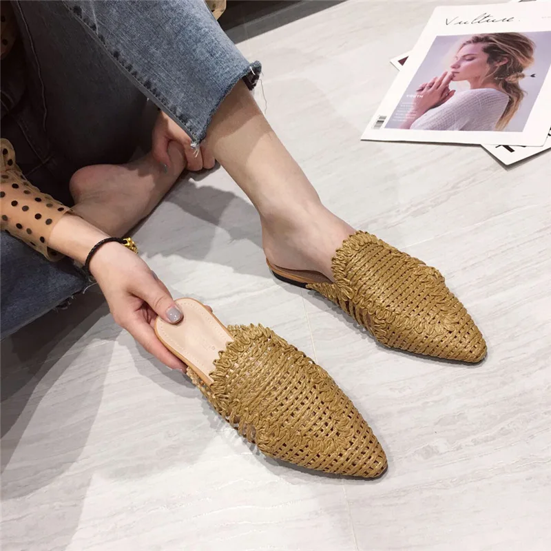 

Comemore Women Slippers Rattan Knit Casual Sandals Indoor Floor Shoes Mules Pointed Toe Flat Shoes Woman 2022 Summer Flip Flops