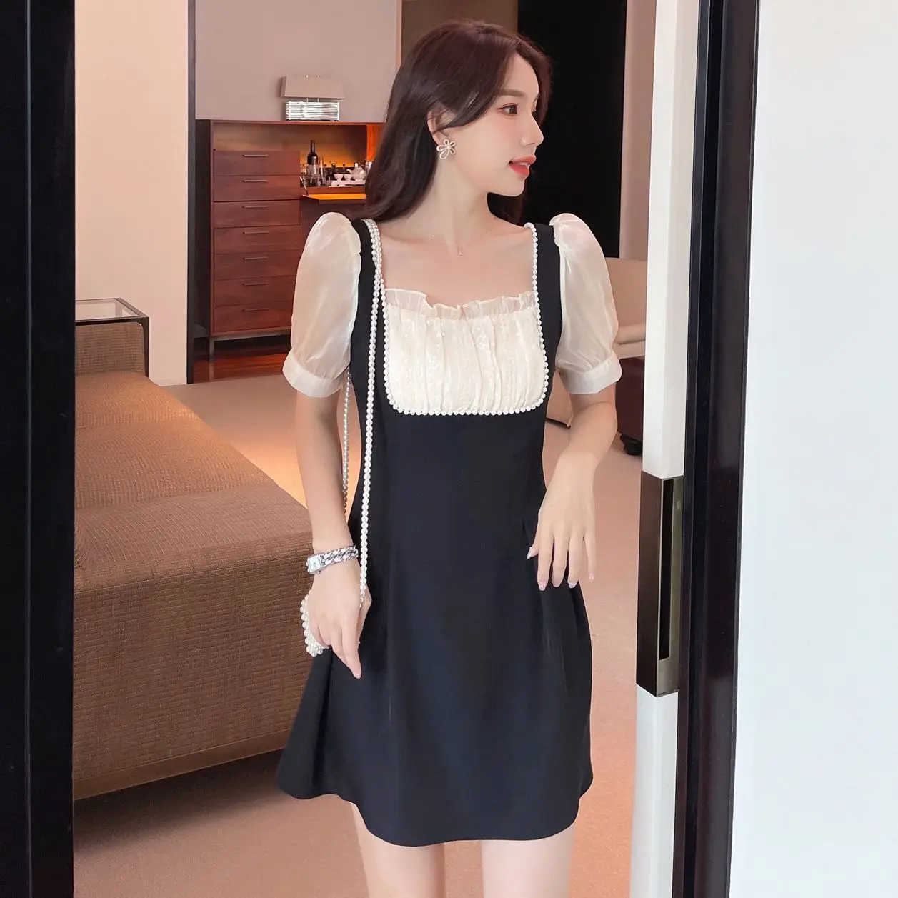 

Women's Summer Dress 2022 French Style Vintage Short Sleeve Puff Sleeve Square Collar High Waist Long Dresses Dropshipping