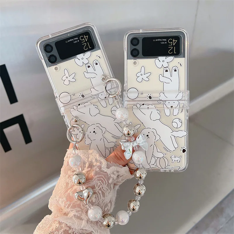 

Cartoon Dog Beads Chains Phone Case for Samsung Galaxy Z Flip 3 Z Flip 4 Hard PC Back Cover for ZFlip3 ZFlip4 Case Shell