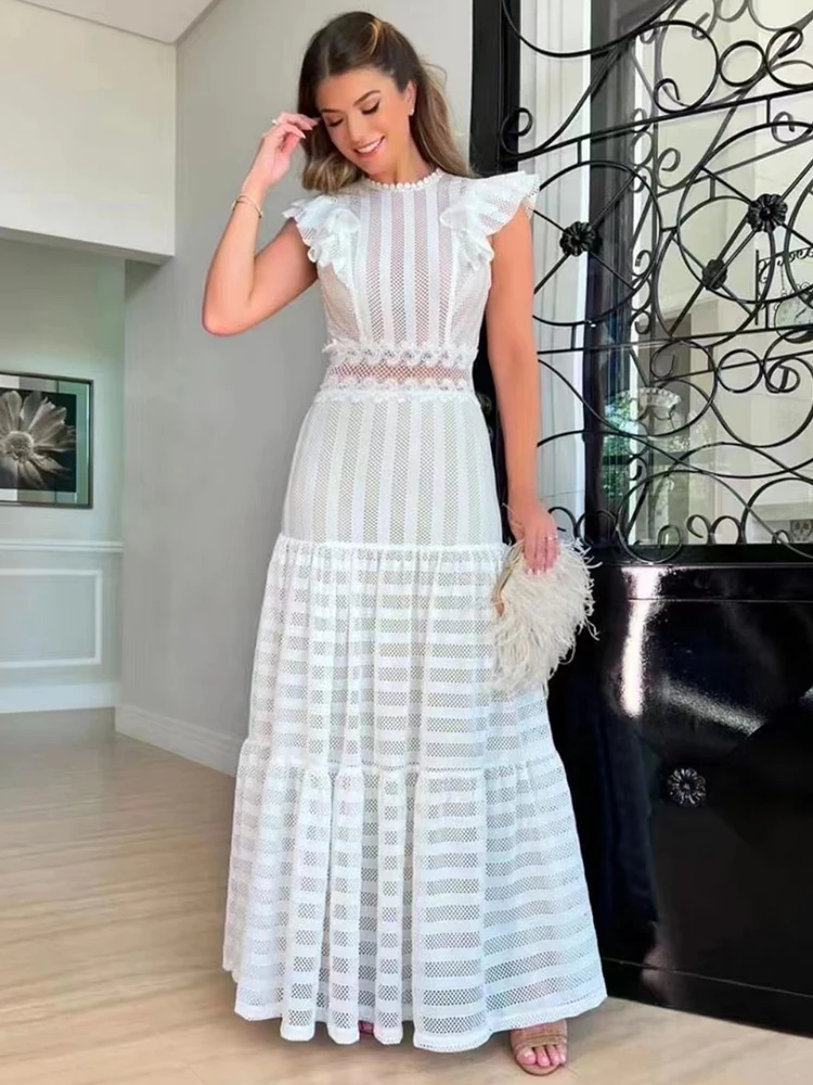 

Delocah высококачественное летнее женское модное дизайнерское длинное платье с коротким рукавом и высокой талией, белое платье с принтом