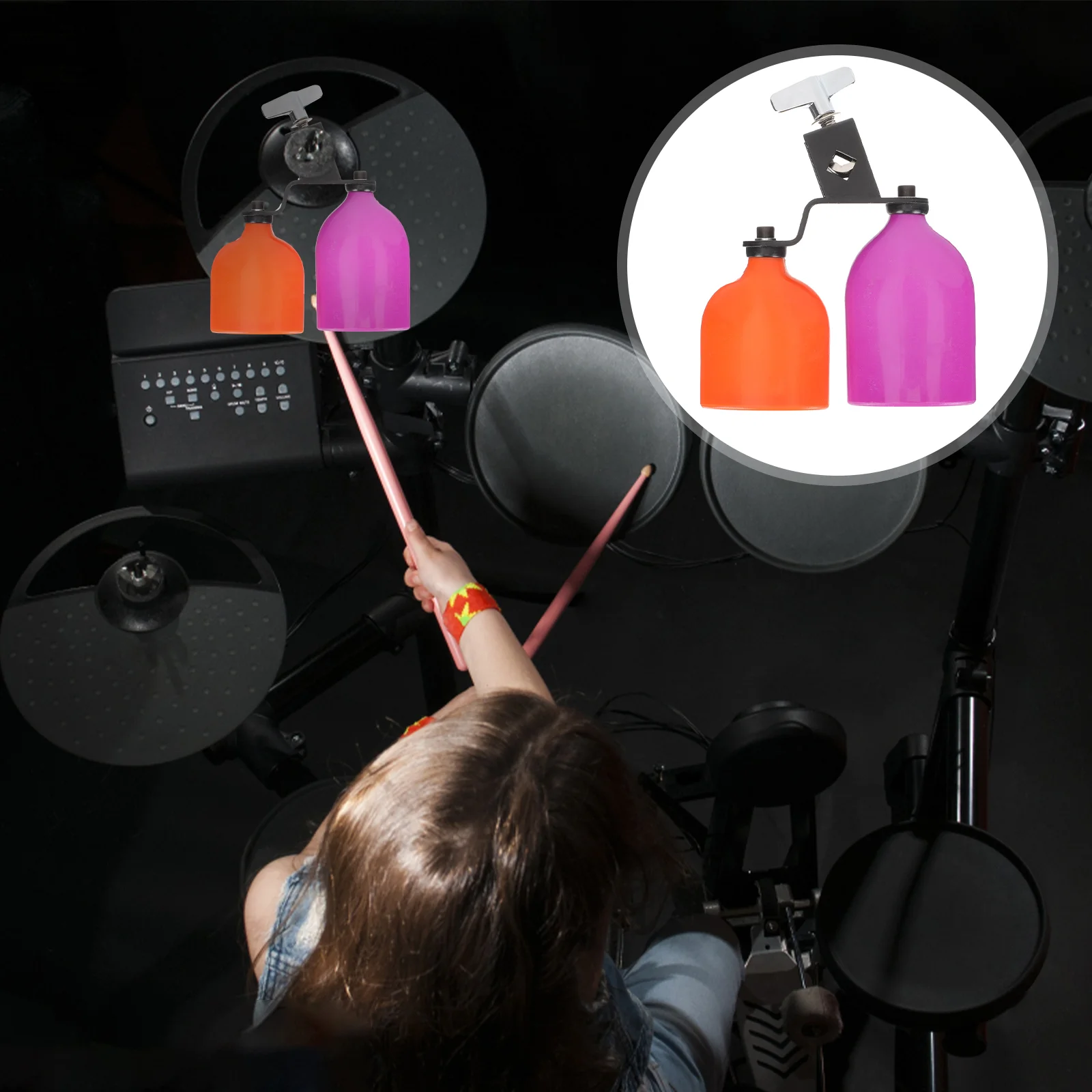 

Drum Cowbell Set Percussion Block Accessory Musical Double Mounted Bell Kit High Low Tone Instrument