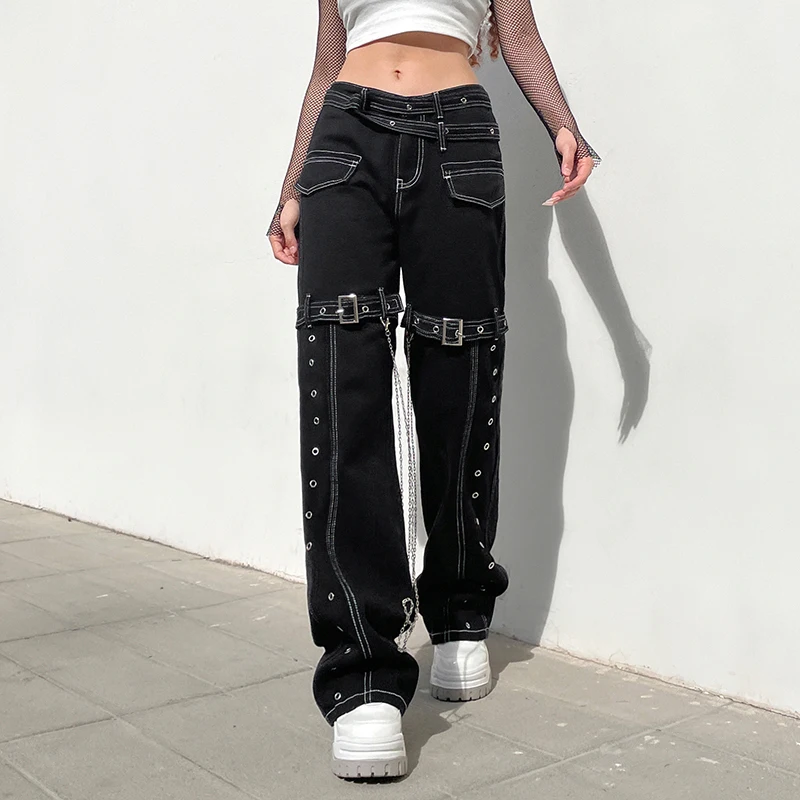

WeiYao Black Streetwear Jean Cargo Pants With Sashes Eyelet Chains Punk Style Denim Trousers Women Low Waist Straight Jeans
