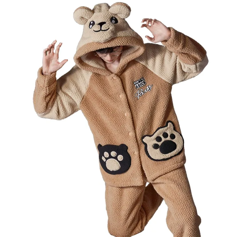 QUHENG Bust Warm Man Fleece Pajamas Winter Men Thick Hood Flannel Kigurumi Female Pajama Set Flannel Sleepwear Velvet Nightwear
