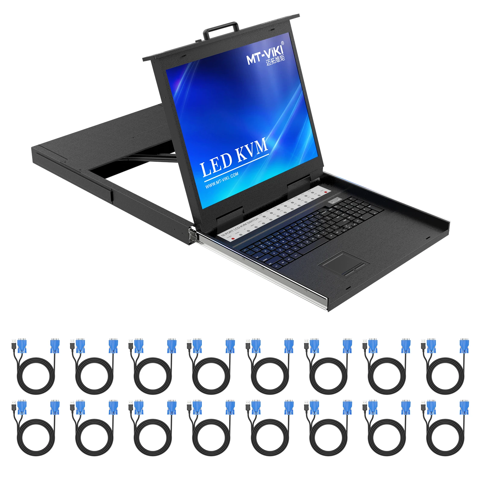 Фото 19-дюймовый KVM-переключатель VGA LCD, 16 портов + 16 кабелей, 16 входов, 1 выход, 1U, стойка для консоли KVM, ЖК-переключатель KVM №5