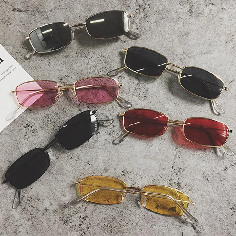 

Солнцезащитные очки с цветными линзами для мужчин и женщин, Модные Винтажные маленькие прямоугольные солнечные аксессуары в металлической оправе, в стиле ретро