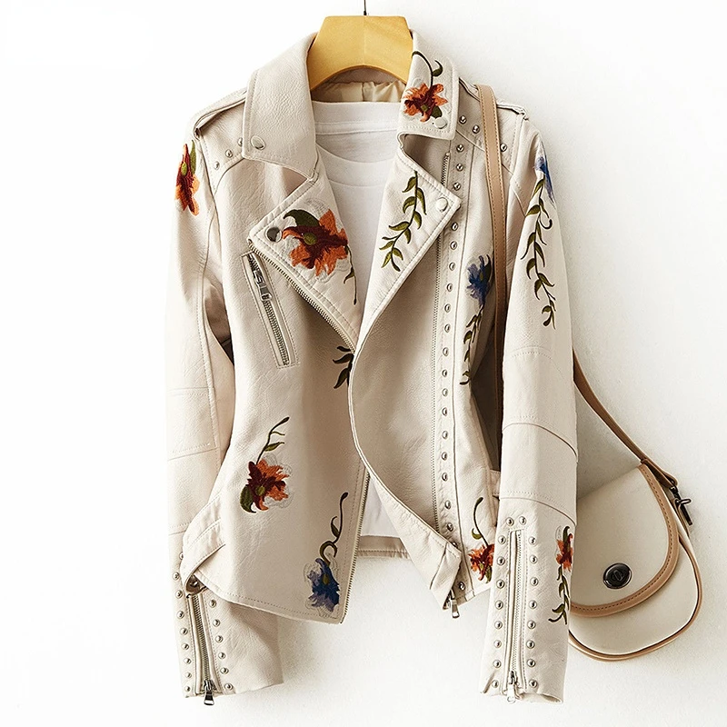 2022 New Women Retro Floral Print Embroidery Faux Soft Leather Jacket Coat Turndown Collar Pu Moto Biker Black Punk Outerwear