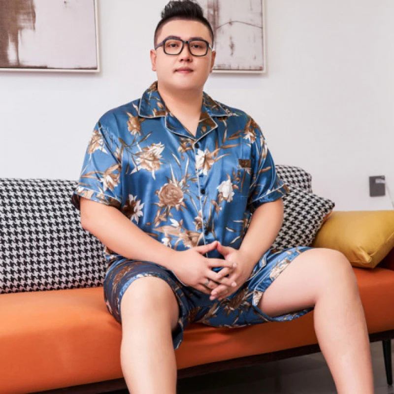 2022 Summer Fat Guy Extra Large Size Men Pajamas Suit Ice Silk Breathable Short-Sleeved Plus Size Pajamas Men's Home Clothes