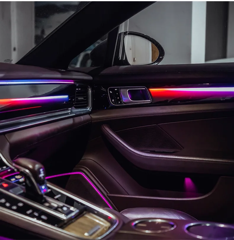 Фото Новая улучшенная динамическая подсветка NewSJC для Porsche Panamera 2017-2023 годов выпуска, 64-цветная светодиодная симфоническая подсветка салона, аксессуары для отделки интерьера №4
