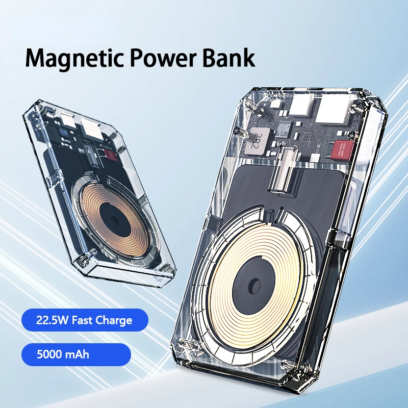 

Transparent Magnetic External Battery Portable Wireless Power Bank 5000mAh PD22.5W Fast Charge for iPhone11/12/13/Xiaomi/Huawei