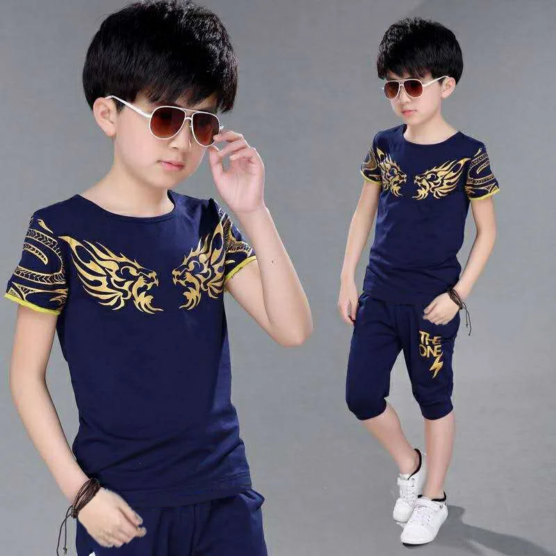 

2023 New Boy Suit Summer Children's Clothing Cotton Casual T-shirt + Shorts 2 Piece Boys Set Dragon Pattern For 6 8 10 12 Years