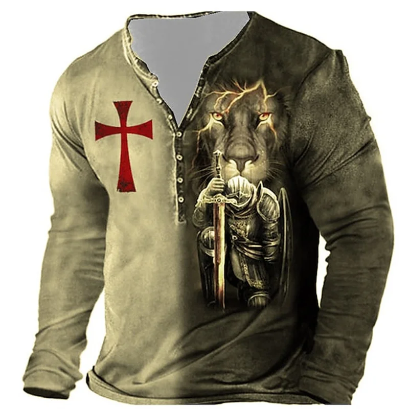 

Men's retro pure cotton T-shirt Templar shirt 3D printed T-shirt oversized long sleeve T-shirt casual buckle clothes summer