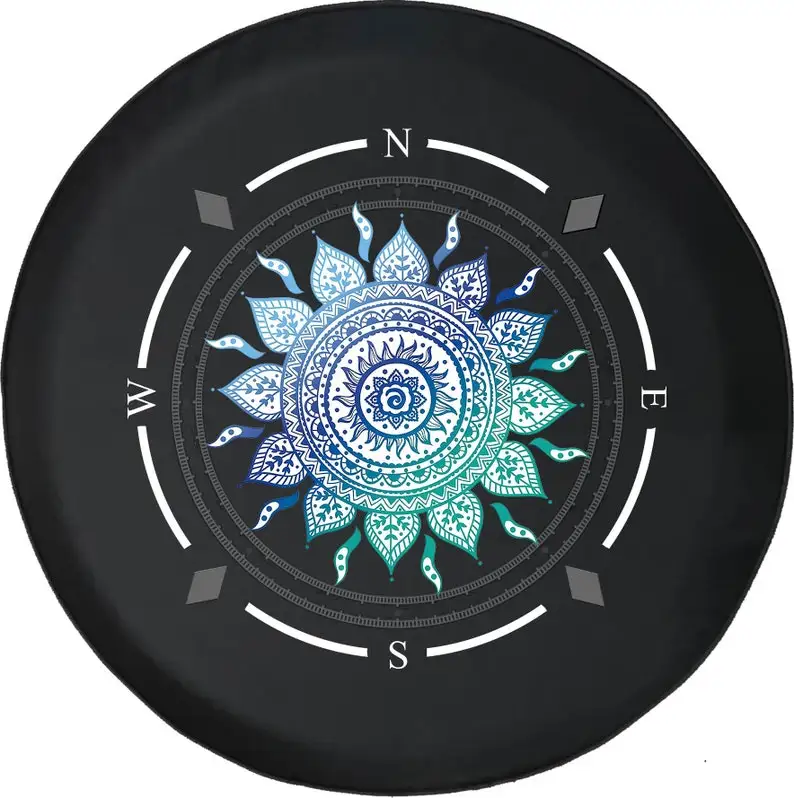 

Flower Mandala Blue Compass Spare Tire Cover for Jeep, Camper, SUV With or Without Backup Camera Hole