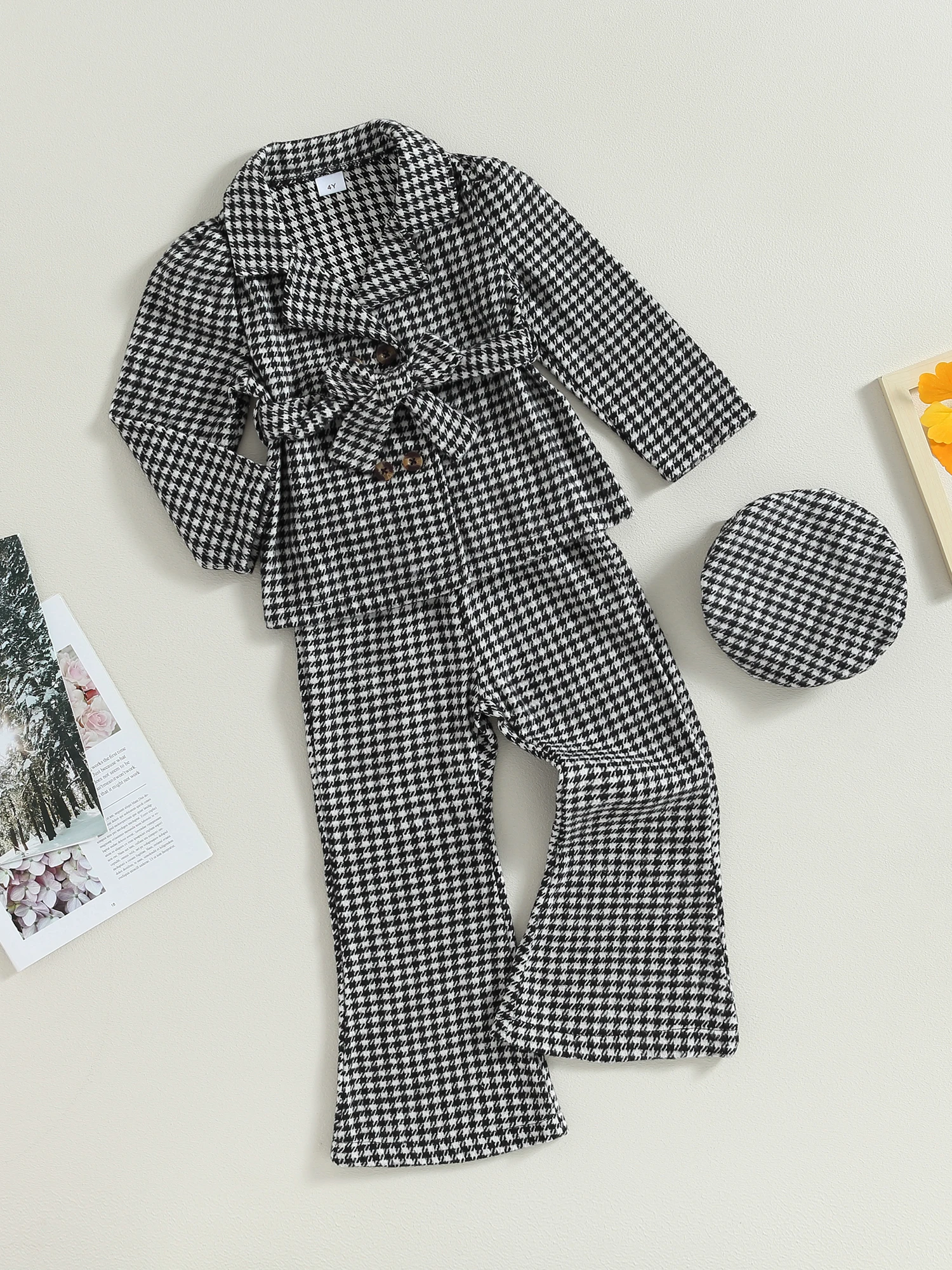 

Осенний комплект из трех предметов для маленьких девочек Winkinlin, стильный жакет с поясом, расклешенные брюки и берет, модный спортивный костюм