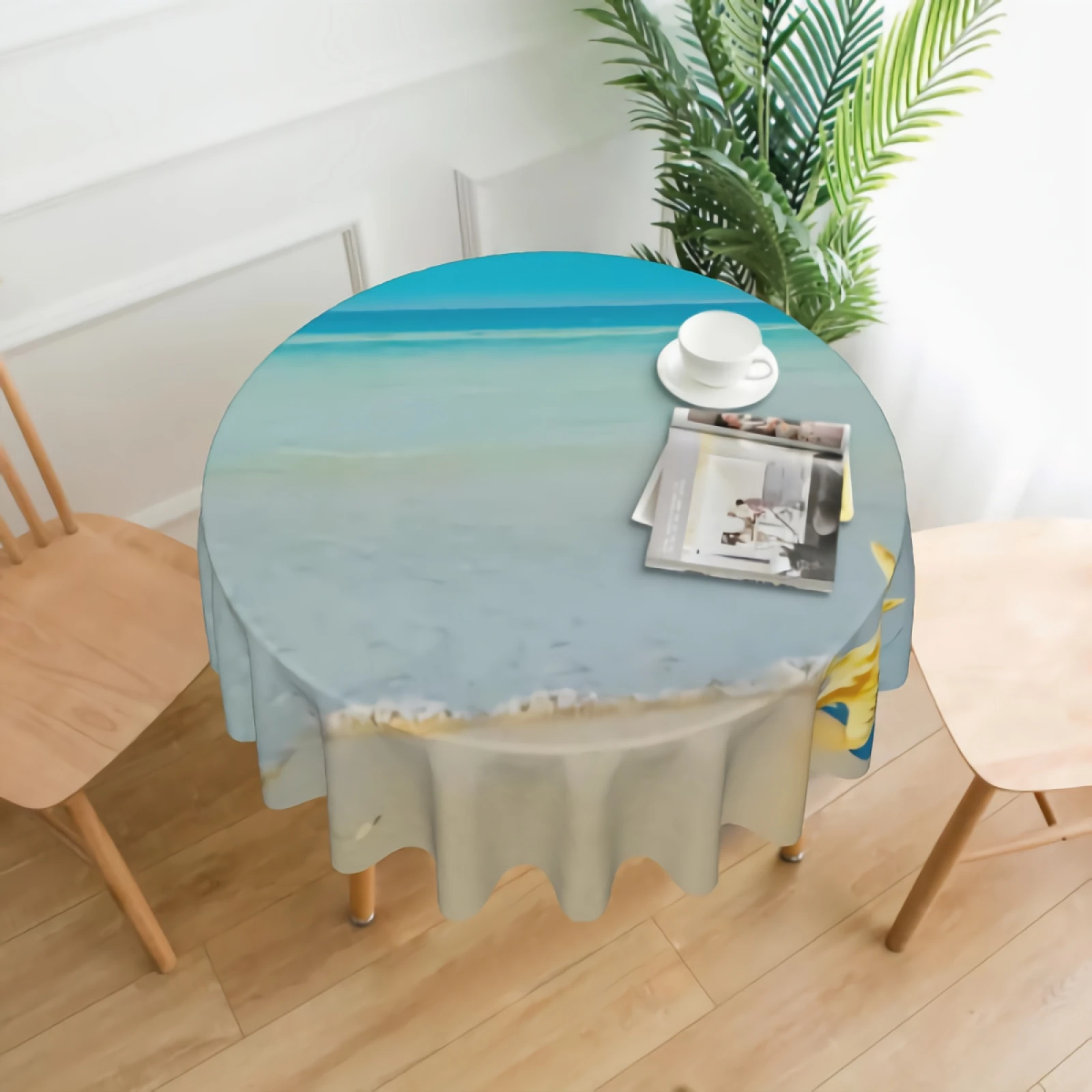 

Starfish On The Sand Beach Landscape Round Tablecloth Waterproof Blue Sea Beach Starfish Table Cloth Wrinkle Free Decorative