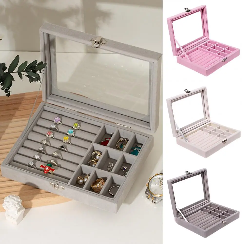 

Velvet Jewelry Box Multi-grids Rectangle Metal Buckle Visible Faux Leather Finger Holder Earring Jewelry Storage Case Showcase