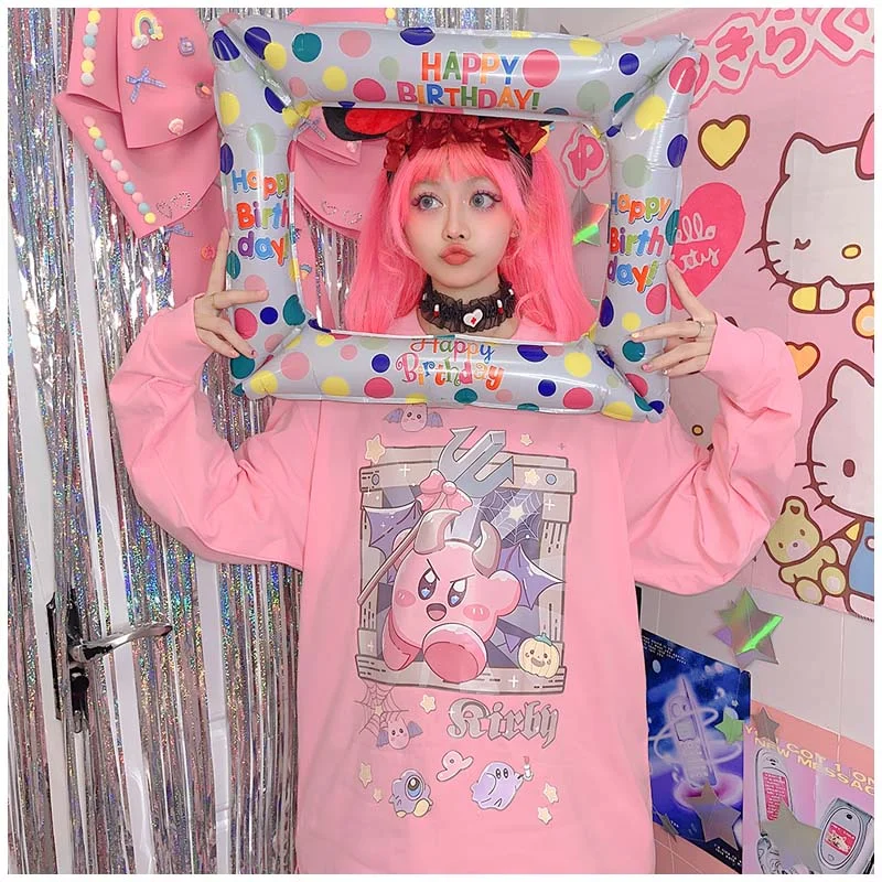 Anime Cartoon Star Kirby Printing Women Loose Top Autumn Winter Long Sleeved Pullover T-shirt Kawaii Cute Sweet Girl Clothing