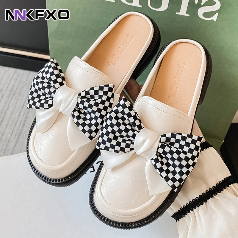 Mules For Women 2022 Shoes bow Female Slippers Platform Cover Toe Square heel Loafers Low Slides New Block Flat Hoof Heels